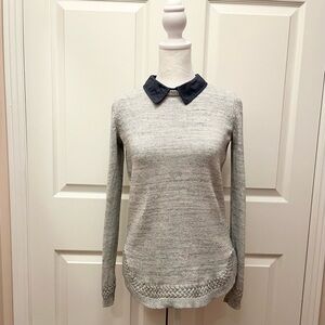 Tommy Hilfiger Heathered Light Blue Knit Sweater with Chambray Collar XS